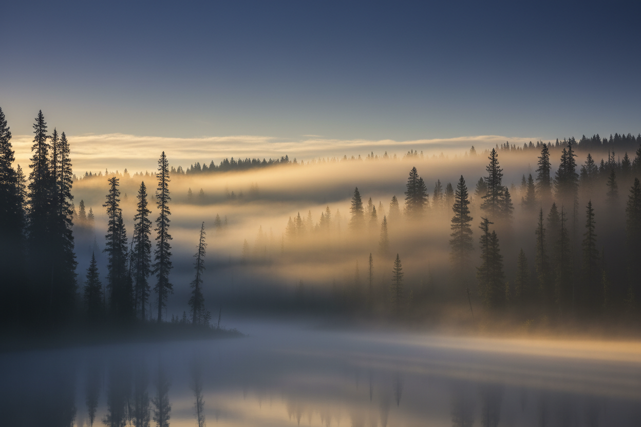 Dimmig skog vid gryningen banner